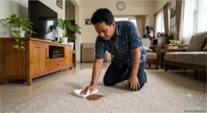 How to remove coffee stain from carpet by blotting a fresh spill in an Indonesian home