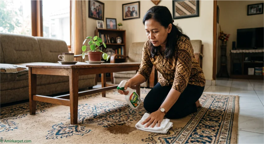 Applying dish soap solution to remove coffee stain from carpet