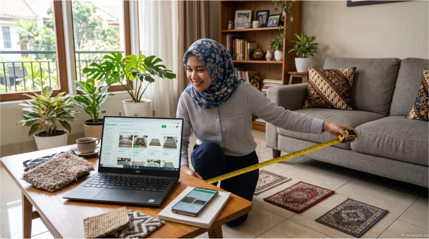 Tips beli karpet online terpercaya dengan mengukur ruangan sebelum membeli.