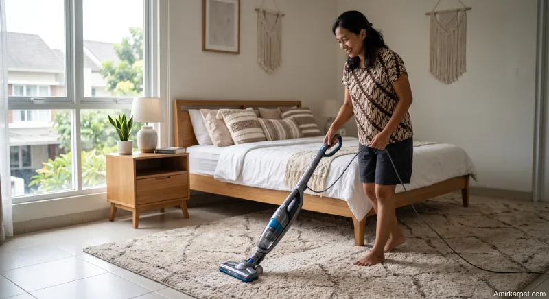 Cara merawat karpet kamar dengan rutin membersihkan debu menggunakan vacuum