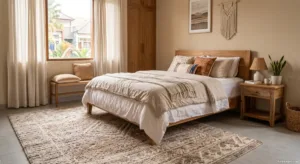 karpet kamar tidur minimalis warna netral di lantai kayu