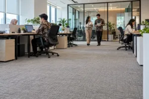 Karpet kantor minimalis warna netral di ruang kerja modern Indonesia dengan desain rapi dan profesional