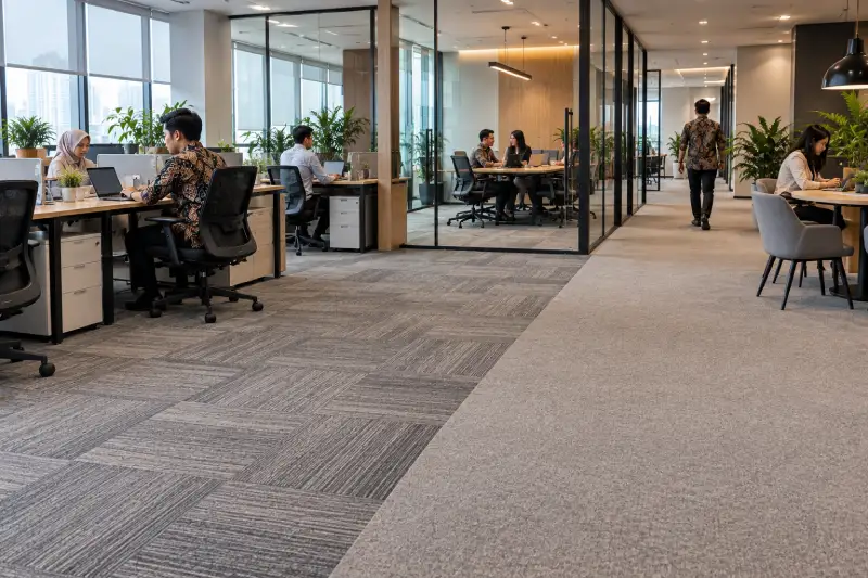 Perbandingan karpet tile dan karpet roll pada ruang kantor minimalis modern di Indonesia