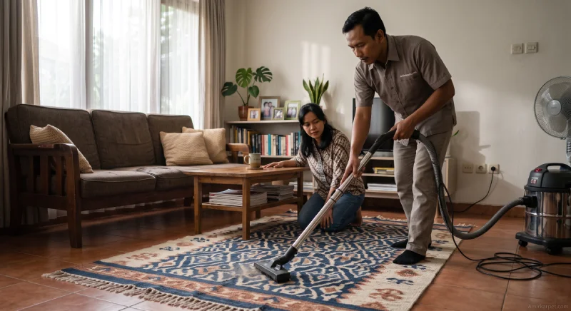 Perawatan karpet Indonesia dengan vacuum cleaner di rumah