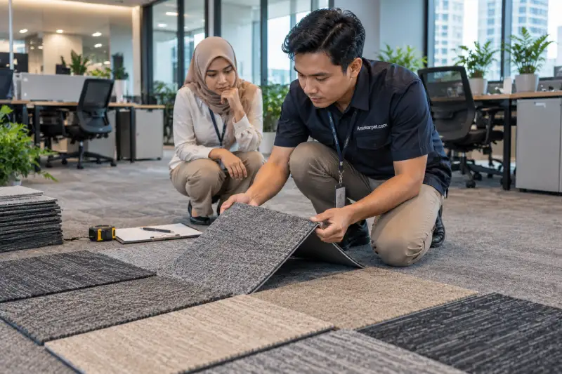 Profesional Indonesia memeriksa sampel karpet kantor minimalis berdasarkan warna, tekstur, ketebalan, dan backing