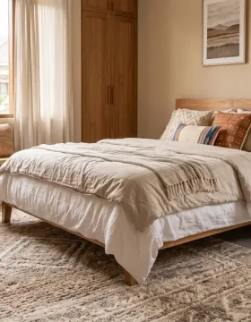 karpet kamar tidur minimalis warna netral di lantai kayu