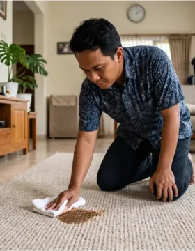 How to remove coffee stain from carpet by blotting a fresh spill in an Indonesian home
